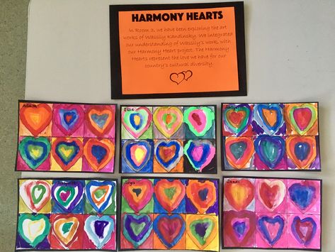 Harmony Hearts (Harmony Day). Wassily Kandinsky inspired art. *Heart template found online Harmony Day Art Ideas, Harmony Day Art For Kids, Harmony Day Activities For Kids, Harmony Week Activities Preschool, Harmony Day Activities Preschool, Harmony Day Art, Harmony Day Craft, Kindy Activities, Harmony Day Activities