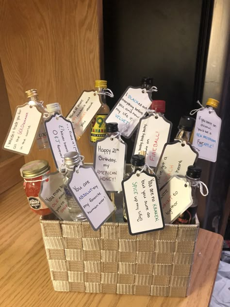 I put this gift basket together for my boyfriend’s 21st birthday using alcohol shooters, and cute notes that used the name of the alcohol in them!!! Diy Gift For 21st Birthday, 21 Presents For 21st Birthday Boyfriends, 21st Bday Shooters Gift, 21 Boyfriend Birthday Ideas, 21st Birthday Gift For Boyfriend, Hangover Basket 21st Birthday, Shooters Gift Ideas, 21st Birthday Shooter Basket, 21st Birthday Basket Ideas