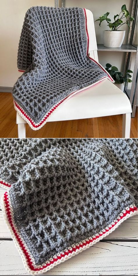 Waffle Blanket Pattern, West Ham Crochet Blanket, Waffle Stitch Crochet Blanket Free Pattern, Double Waffle Stitch Crochet, Waffle Stitch Blanket Border, Afghan Edging Crochet, Crochet Border For Waffle Stitch Blanket, Waffle Crochet Blanket Free Pattern, Crochet Waffle Blanket Free Pattern