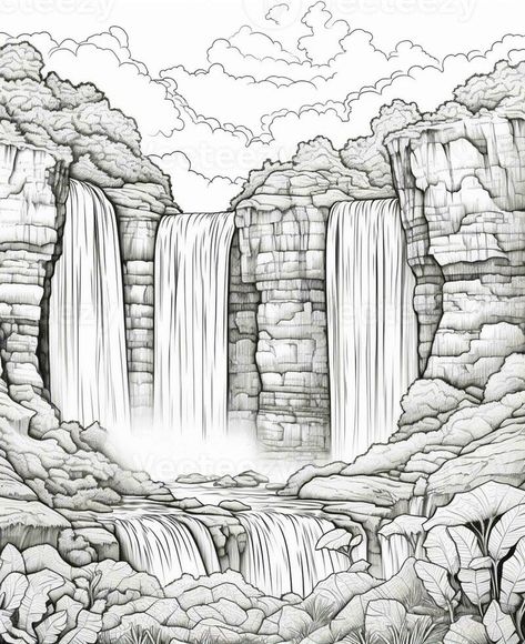 a drawing of a waterfall in a rocky area with rocks and trees. generative ai. Waterfall Linocut, Rocks Tattoo, Waterfall Drawing, Vector Food, Rose Tattoos, A Drawing, Trivia, Rocky, Art Projects