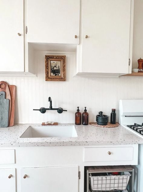 Kitchen Update: DIY Beadboard Backsplash with Wallpaper xoxojackie | creative inspiration Wallpaper Instead Of Backsplash, Beadboard Backsplash Kitchen, Beadboard Kitchen Backsplash, Kitchen Beadboard, Wallpaper Backsplash Kitchen, Diy Beadboard, Beadboard Kitchen, Beadboard Wallpaper, Beadboard Backsplash