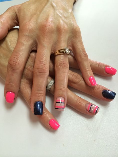 Hot pink, navy blue, nautical stripes Hot Pink And Navy Blue Nails, Navy And Hot Pink Nails, Coral And Navy Nails, Pink Navy Nails, Navy Summer Nails, Dark Blue And Pink Nails, Navy Blue And Pink Nails, Pink And Navy Nails, Hot Pink And Blue Nails