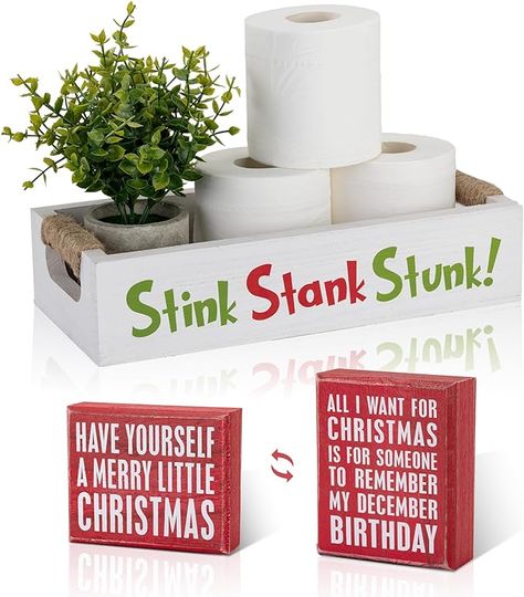 Amazon.com: Veichin Double-Sided Christmas Funny Bathroom Decor with Double-Sided Sign, Stink Stank Stunk Box, Toilet Paper Storage Basket, White Wood Tank Tray Organizer with Handles for Christmas Decorative : Home & Kitchen Stink Stank Stunk Bathroom, Stink Stank Stunk Toilet, Stink Stank Stunk, Bathroom Baskets, Toilet Paper Storage, Christmas Organization, Christmas Bathroom, Funny Bathroom Decor, Red Sign