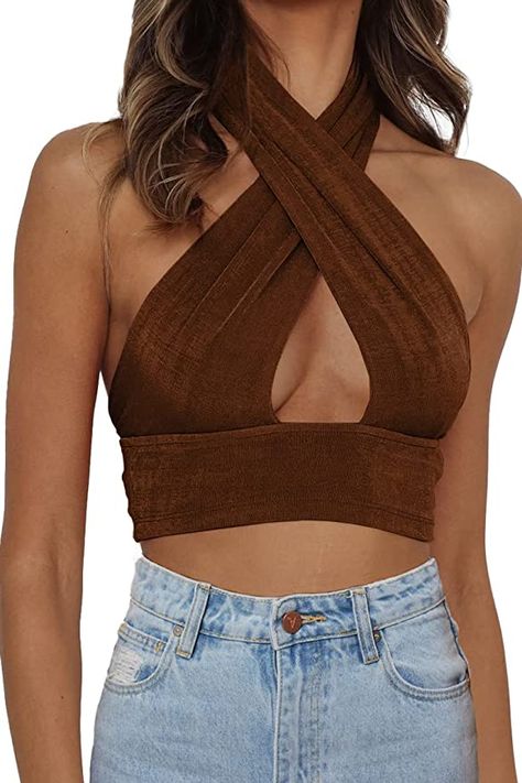 Amazon.com: Dealmore Women's Cute Crop Top Halter Neck Cutout Criss Cross Summer Sexy Party Wrap Backless Trendy Tank Outfits Y2K Brown : Clothing, Shoes & Jewelry Brown Halter Top Outfit, Halter Tops Outfit, European Goldfinch, Tusken Raider, Brown Clothing, Brown Corset, Backless Cami Top, Y2k Cami, Summer Crop Top