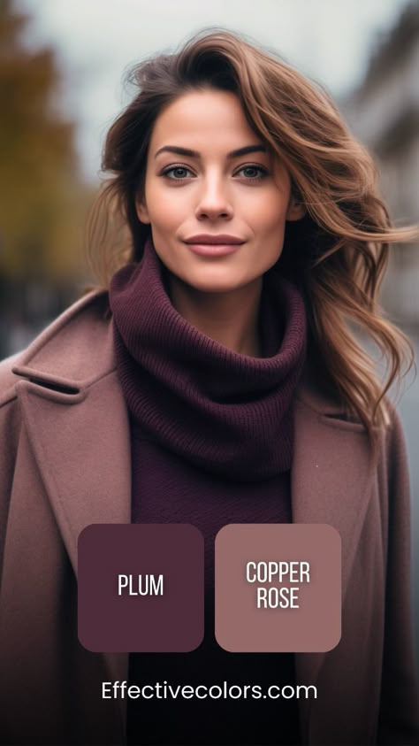 Plum & copper rose color combo for subtle elegance. Not sure if this color combo suits your features? Find your perfect shades with our Color Style Guides! Tailored to your unique color type for outfits that enhance your natural beauty. Color Knowledge, Autumn Color Palette, Colour Combinations Fashion, Color Combos Outfit, Autumn Palette, True Autumn, Color Combinations For Clothes, Deep Autumn, Dark Autumn