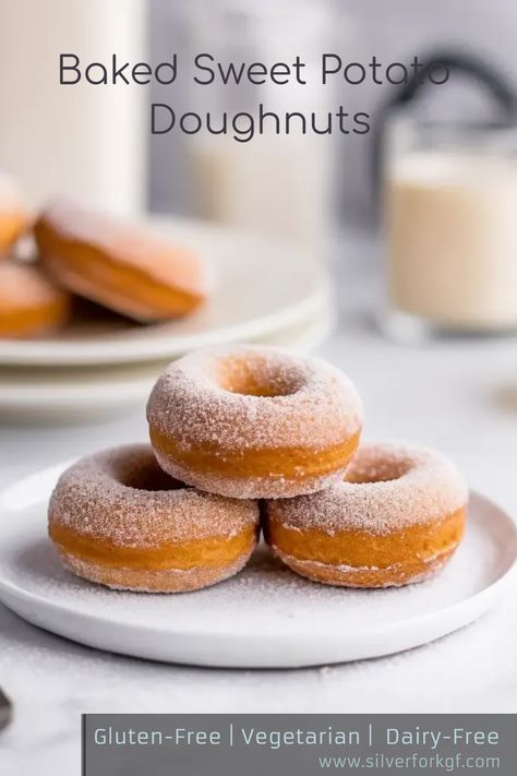 These Gluten-Free Baked Sweet Potato Doughnuts are a delicious and healthier alternative to traditional doughnuts. Sweet, moist, and full of flavor, they are perfect for a treat or special occasion. They are so tasty, you won't even realize they're gluten-free! Sweet Potato Doughnut Recipe, Gluten Free Yeast Donut Recipe, Healthy Donuts For Kids, Sweet Potato Doughnut, Sweet Potato Donut Recipe, Potato Donuts Recipe, Gluten Free Donut Recipe, Gluten Free Doughnuts, Potato Donuts