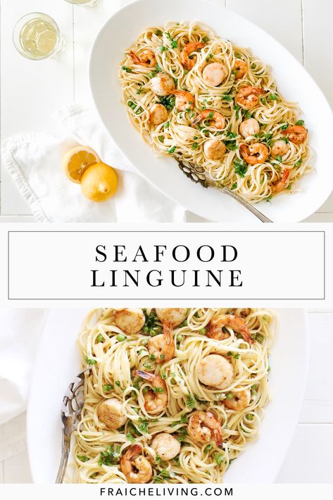 Seafood Linguine White Wine Sauce, Creamy Seafood Linguine, White Wine Linguine, White Wine Salmon Pasta, Seafood Linguine White Wine, Seafood Pasta White Sauce, Light Seafood Pasta Recipes, Shrimp And Scallop Recipes Pasta Seafood Linguine, Seafood Pasta In White Wine Sauce