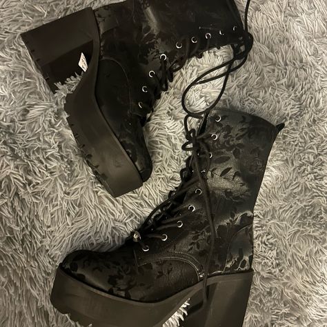 These Boots Were Won In An Online Auction From Whatnot Directly From Dolls Kill. Hoco Boots, Black Boots Heel, Romantic Goth Shoes, Goth Wedding Shoes, Goth Shoes Aesthetic, Dolls Kill Heels, Gothic Wedding Shoes, Stalking Wolf, Black Boots Aesthetic