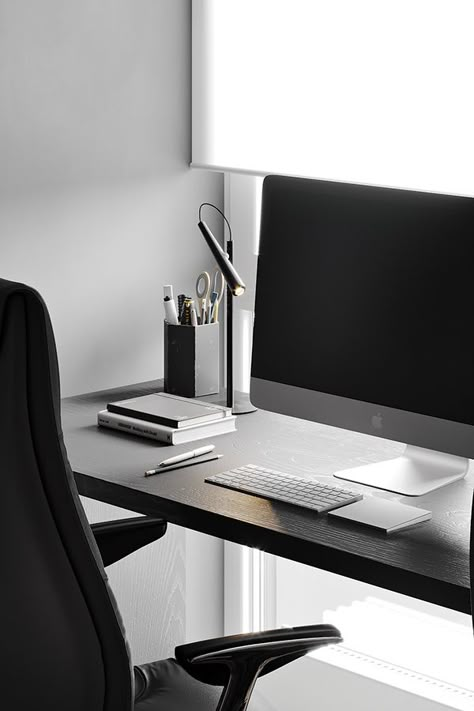 KYDE. WCH127 on Behance Black Desk Aesthetic, Minimalistic Office, Office Executive, Work Aesthetic, Computer Desk Setup, Home Studio Setup, Revit Architecture, Desktop Setup, Desk Setups