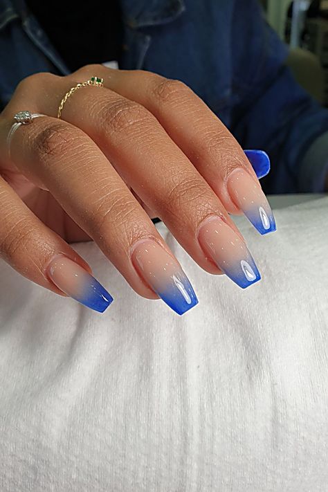 Nails Ombre Blue, Royal Blue Nails Designs, Bridesmaid Nails, Blue Prom Nails, Faded Nails, Hoco Nails, Blue Ombre Nails, Wave Nails, Blue And White Nails