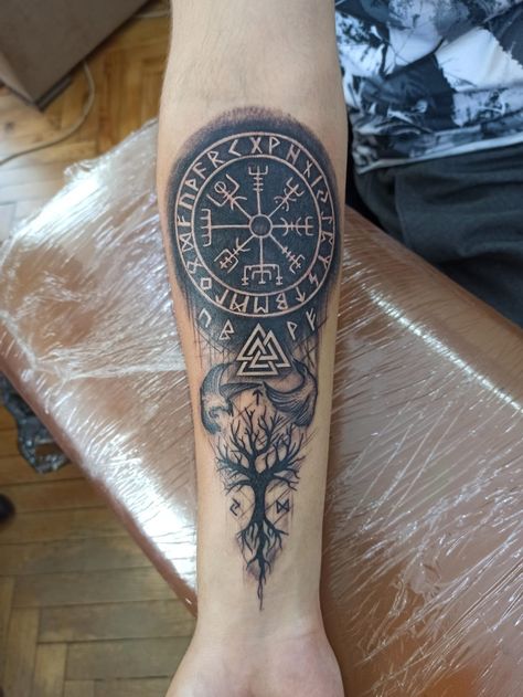 Yggradsil Tattoo, Viking Compass Tattoo Men, Nordic Viking Tattoo Design, Men Feather Tattoo, Viking Gods Tattoo, Nordic Tattoo Ideas, Viking Compass Tattoo, Aztec Tattoos Sleeve, The Helm Of Awe