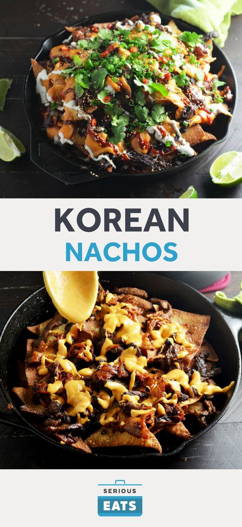 Using my psychic powers, I foresee that these will be a hit—such a hit that they'll all be eaten before halftime. Korean Nachos Recipe, Bulgogi Nachos, Korean Nachos, Asian Nachos, Nacho Board, Fusion Foods, Nacho Night, Nachos Recipes, Nacho Recipes