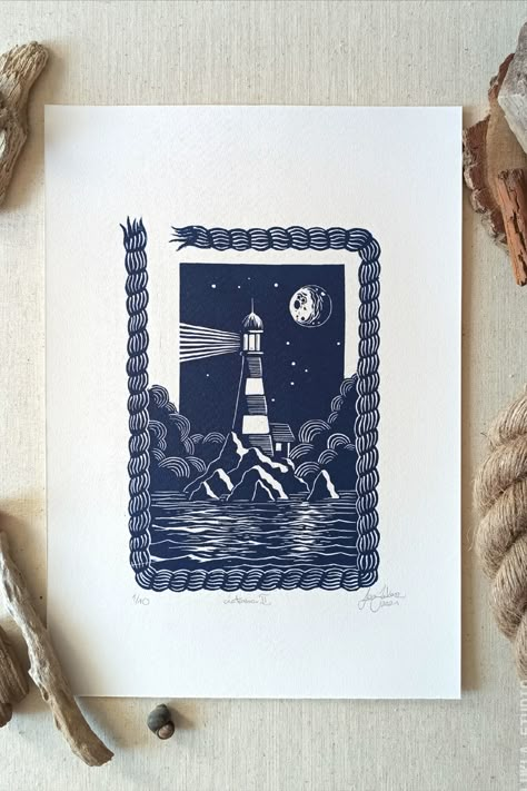 Lighthouse Illustration, Linocut Art Ideas, Lighthouse Linocut, Beach Linocut, Lino Lighthouse, Beach Lino Print, Nautical Linocut, Sea Linocut, Seascape Linocut