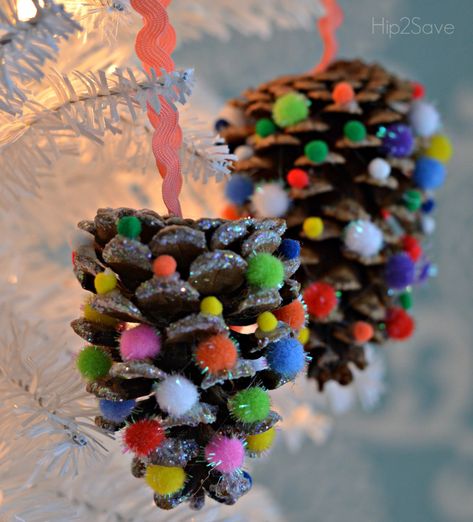 pom-pom-pinecone-ornaments Christmas Crafts With Pinecones, Crafts With Pinecones, Pinecone Crafts, Diy Christmas Ornaments Easy, Movie Cast, Hallmark Movie, Pinecone Ornaments, Homemade Ornaments, Felt Christmas Decorations