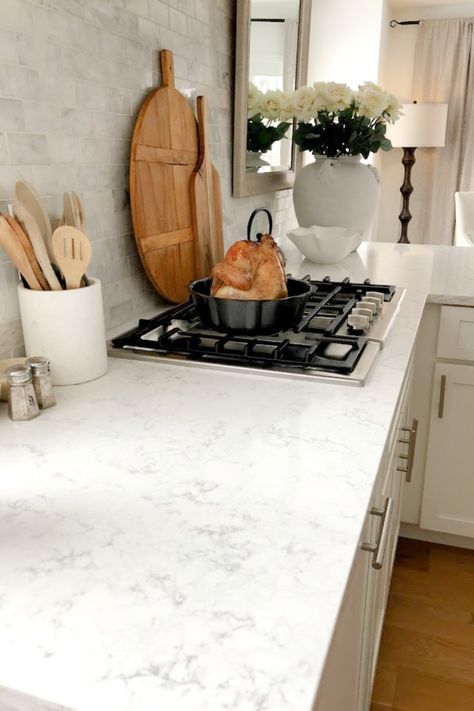 Viatera Minuet quartz countertop in my classic white kitchen (with Modern French influence) paired with polished marble subway tile backsplash - Hello Lovely Studio. #whitequartz #quartzcountertops #minuet Quartz Kitchen Countertops White, Modern Classic Kitchen, White Kitchen Inspiration, Marble Tile Backsplash, Quartz Backsplash, White Quartz Counter, White Shaker Kitchen, Classic White Kitchen, Quartz Kitchen Countertops