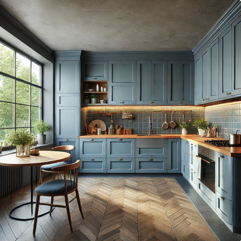 Blue London kitchen Pigeon Blue Kitchen, Blue Kitchen Wood Floor, Paint Colors For Cabinets, Georgian Kitchen, Island Cabinets, Kitchen Island Cabinets, Wood Floor Kitchen, Color Kitchen, London Kitchen