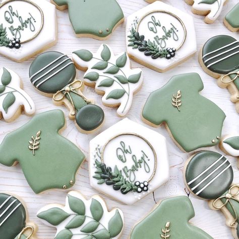 Sage Green Baby Shower Cookies, Forest Green Baby Shower Ideas, Sage And Gold Baby Shower Ideas, Green Baby Shower Cookies, Sage Baby Shower Ideas, Sage Green Baby Shower Ideas, Enchanted Forest Baby Shower, Sage Green Baby Shower, Baby Shower Snacks