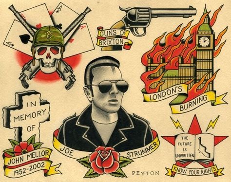 A flash sheet I painted several years back inspired by English punk band The Clash Clash Tattoo, The Clash Tattoo, Temporary Tattoos Diy, Saved Tattoo, Joe Strummer, Strength Tattoo, Writing Tattoos, Flash Sheet, Geniale Tattoos