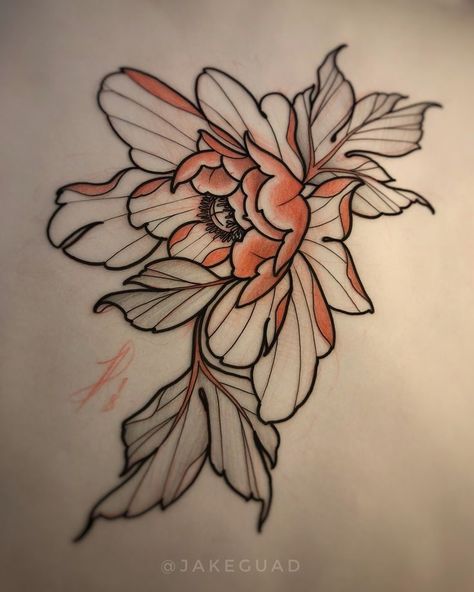 Neo traditional tattoo flash peony by Jake Guad Neo Traditional Tattoo Flash, Tato Irezumi, Traditional Peony, Peony Flower Tattoos, Bodysuit Tattoos, Tato Flash, Tato Tradisional, Japanese Flower Tattoo, Traditional Tattoo Flowers