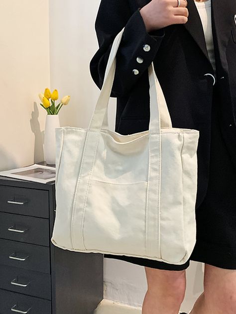 White Unisex Collar  Polyester Plain Shopper Bag Embellished   Women Bags Tod Bag, Preppy Tote Bags, Tods Bag, Sewing Basics, Shopper Bag, Sustainable Materials, Sports Equipment, Fashion Online Shop, Online Fashion