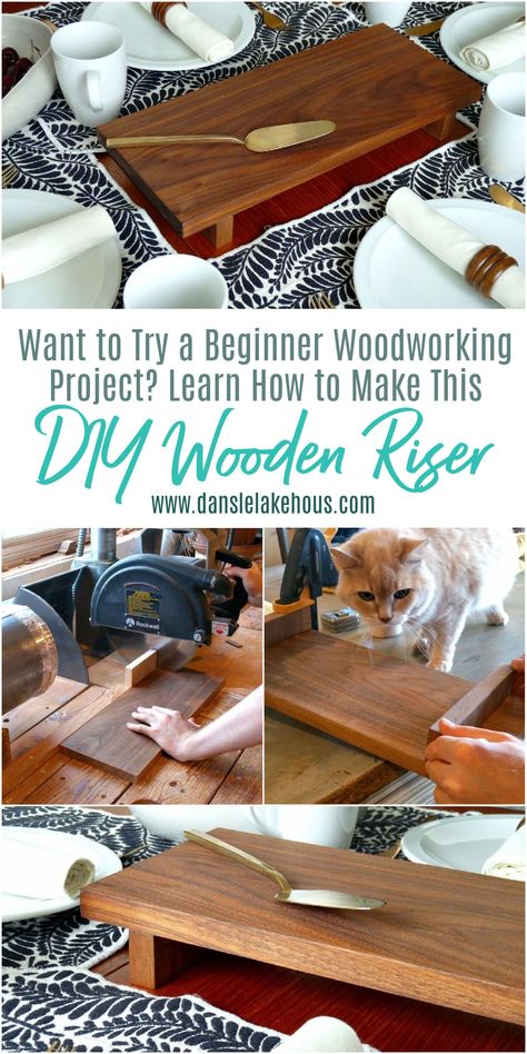 Learn How to Make a DIY Wooden Riser! Looking for beginner woodworking projects? Want some scrap wood project ideas? Click for the tutorial to make DIY wooden risers for the counter. Use as a DIY wood trivet or DIY wood serving tray! Wooden riser decor is on trend, looks beautiful. Make this wooden risers display in an afternoon with this DIY wood riser stand tutorial. Cute DIY wood risers display, this wood riser stand can be made in any wood - I chose walnut for my serving tray with legs DIY. Wooden Tray With Legs Diy, Diy Wooden Riser Stand, Wooden Risers Display Diy, Diy Wood Stand Display, Leftover Wooden Pieces Diy, Diy Wood Pedestal Stand, Diy Wood Riser Tray, Wood Risers Diy, Diy Risers Display