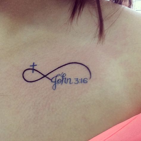 John 3:16, cross, and infinity tattoo! First tattoo! Love it! Cross And Infinity Tattoo, Infinity Tattoo With Cross, John 3 16 Tattoo Women, 3 16 Tattoo, John 3 16 Tattoo, Tooth Tattoos, John Tattoo, Infinity Love Tattoo, Sarah Tattoo