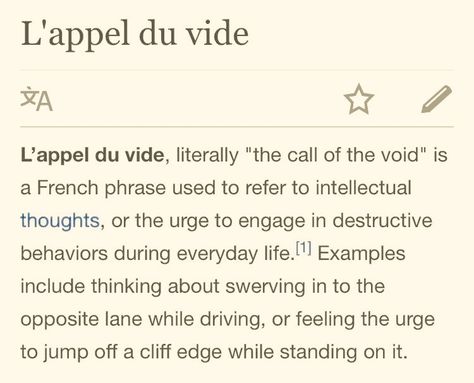 l'appel du vide The Call Of The Void, Call Of The Void, Cliff Edge, Something Scary, Girl Interrupted, French Phrases, Unusual Words, Rare Words, Literature Quotes