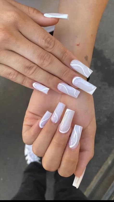 Nail inspo | nails | new nails | square nails | coffin nails | long nails | fake nails | colorful nails | nails with designers | French tip | pink nails | trendy nails | white nails White Nail Acrylic Coffin, Summer Nail Inspo Coffin White, White Mat Nails, White Nails With White Designs, White Cream Nails Acrylic, Business Woman Nail Designs, White Arclyc Nails Design, White Acrilyc Nails With Design, Acrylic Nails With White Lines