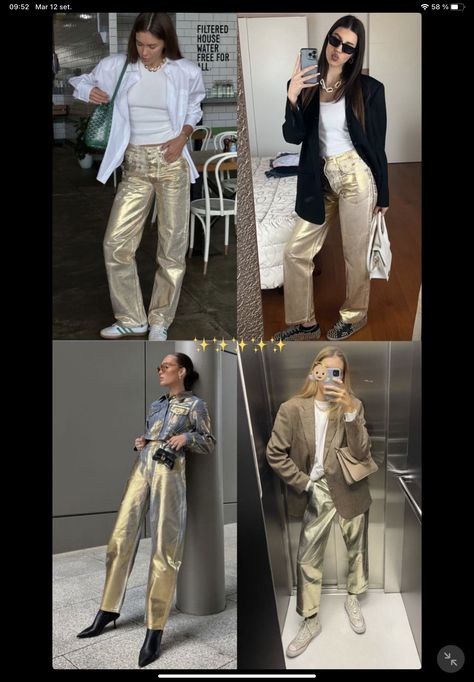 Gold Jeans Outfit, Gold Pants Outfit, Metallic Pants Outfit, Outfits 30s, Golden Outfit, Sport Casual Outfit, Dunks Outfit, Gold Jeans, Gold Pants