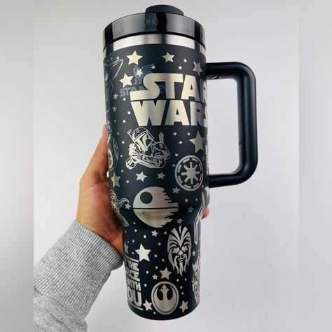 Stanley 40oz Tumbler Engraved. Straw Included. Star Wars Theme. Black. ***Please Note Any Stanley Tumbler Is Excluded From Bundle Discount*** Stanley Cup Engraving Ideas, Star Wars Tumbler, Alexa Tricks, Starwars Theme, Star Wars Art Drawings, Copo Stanley, Stanley 40oz Tumbler, Engraved Tumblers, Disney Cups