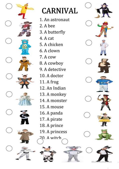 20 CARNIVAL COSTUMES - Matching - English ESL Worksheets for distance learning and physical classrooms Carnival Clothes, Carnival Activities, List Of Words, Carnaval Costume, School Carnival, Visual Dictionary, Esl Activities, English Games, Esl Lessons