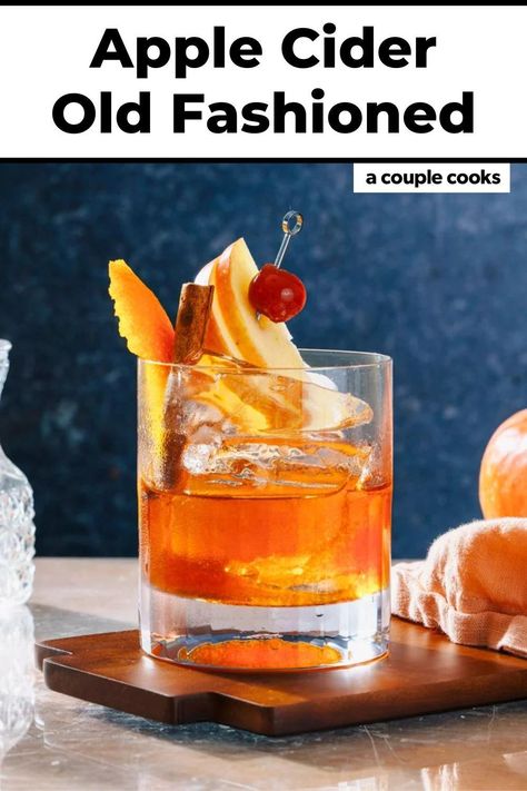 The apple cider Old Fashioned is a fall spin on the classic! Spiced apple cider syrup sweetens this whiskey cocktail. Pop over to our site for the recipe! Cider Old Fashioned, Apple Cider Syrup, Making Apple Cider, Cider Cocktail, Apple Cider Cocktail, A Couple Cooks, Fall Cocktails Recipes, Cider Cocktails, Thanksgiving Cocktails