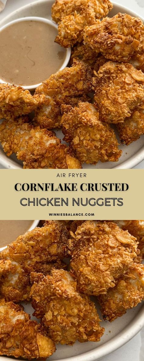 Air Fryer Cornflake Crusted Chicken Nuggets Cornflake Crusted Chicken, Crusted Chicken Tenders, Chicken Nugget Recipes, Nuggets Recipe, Popcorn Chicken, Honey Mustard Sauce, Recipes Air Fryer, Air Fryer Dinner, Air Fryer Dinner Recipes