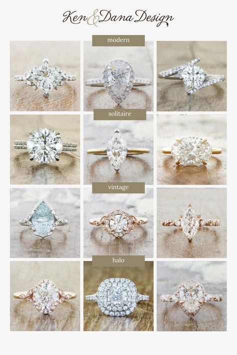 Find the engagement ring that tells your unique love story! Visit our site for an exquisite selection of engagement rings, featuring everything from vintage wedding rings with a nostalgic charm to timeless engagement rings that symbolize everlasting love. Choose a classy engagement ring from Ken & Dana Design and celebrate your commitment with a piece as beautiful as your love. Wedding Rings Types, Wedding Ring Shapes Style, Engagement Rings For Short Fat Fingers, Classy Engagement Ring Vintage, Unique Diamond Rings Classy, Engagement Ring Chart, Unique Classy Engagement Rings, Different Engagement Ring Styles, Engagement Rings Traditional