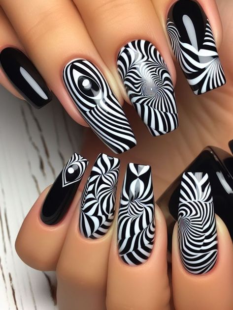 A bold black and white nail design inspired by optical illusions, with mesmerizing patterns that play tricks on the eyes. Optical Illusion Nails, Illusion Nails, Black And White Nail Design, White Nail Design, Black And White Nail, Black And White Nail Designs, Red Nail Art Designs, Red Nail Art, Cute Nail Art Designs