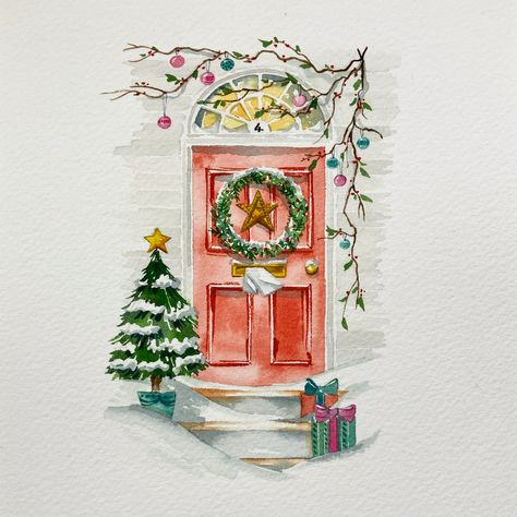 Christmas Door Painting, Xmas Sketches, Xmas Door Decorations, Christmas Watercolours, Watercolor Art Christmas, Watercolor Door, Christmas Draw, Watercolor Christmas Art, Pretty Christmas Cards