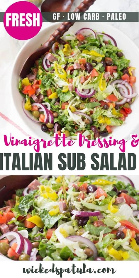 Big Italian Salad - Pinterest image Keto Green Salad Recipes, Sub Sandwich Salad, Submarine Salad, Hoagie Salad, Italian Sub Salad Recipe, Italian Sub Salad, Sub Salad, Easter Salad Recipes, Gluten Free Salad