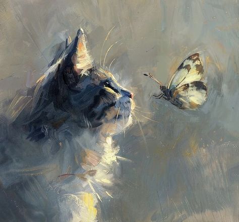 Cat Painting Easy, Kitten Paws, Cat And Butterfly, Butterflies Nature, Butterfly Cat, Cat Butterfly, Cats Art Drawing, Animal Illustration Art, Art Gallery Wallpaper