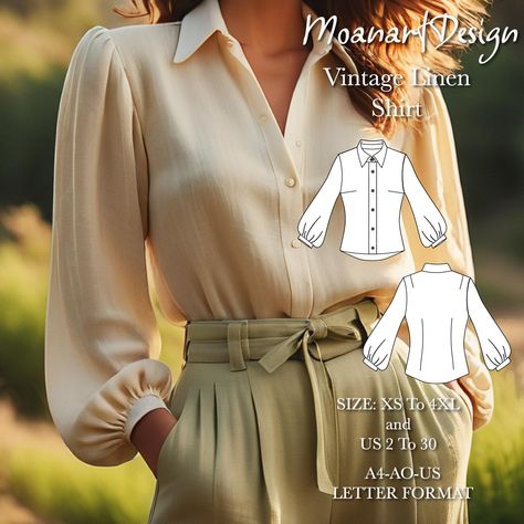 Long puff sleeve linen vintage shirt pattern intermediate level Buy old and new models in our store at the best price! 👉https://www.etsy.com/shop/MoanartDesign?ref=seller-platform-mcnav Special offer: ♥ Free dress pattern is sent with every order placed today. ♥  The amount of fabric required for the model is 2,5 meters.  You will need 6 buttons for the front part Our model is suitable for all woven fabrics.  There is a seam allowance in our pattern. **US Sizes: 2, 4, 6, 8, 10, 12, 14, 16, 18, Flannel Shirt Sewing Pattern, Puff Sleeve Shirt Pattern, Womens Button Up Shirt Pattern, Women's Shirt Patterns Free Sewing, Linen Shirt Sewing Pattern, Chemise Sewing Pattern, Free Blouse Pattern, Button Up Shirt Sewing, Button Up Shirt Pattern