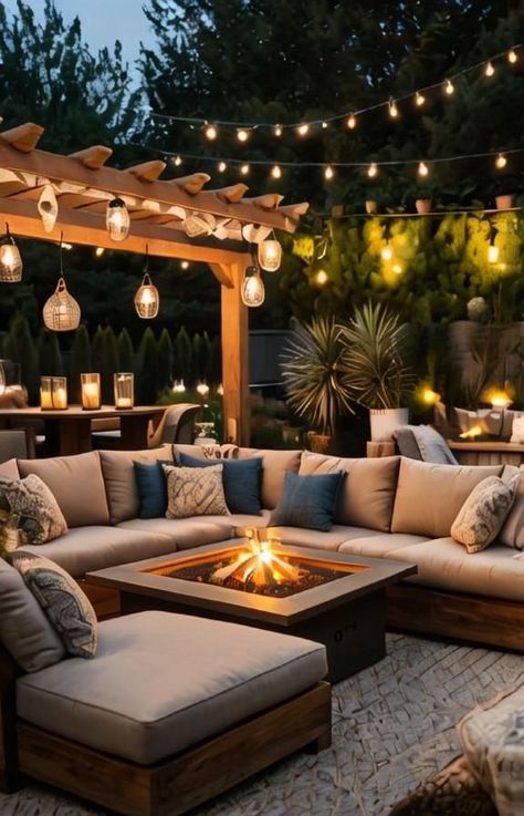 Cozy Fire Pit Area, Fire Pit Areas, White Picket Fence Ideas, Picket Fence Ideas, Backyard Deck Ideas, Cozy Fire Pit, Backyard Patio Deck, Covered Patio Design, Relaxing Backyard