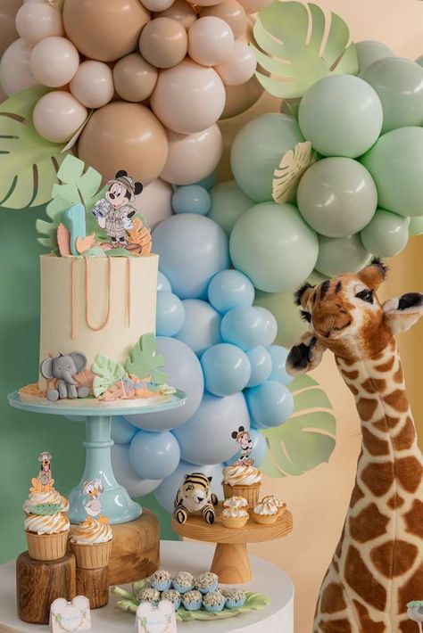 1st Birthday Boy Safari Theme, Safari First Birthday Party, Birthday Boy Theme, Party Animal First Birthday Decorations, Baby Safari Birthday Party, Pastel Safari Birthday Party, Boys Birthday Theme, Blue Safari Birthday Party, Safari Theme Dessert Table Boy Birthday