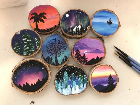 m o r e w o o d p a i n t i n g s 🌻 @retrosunshinegirl Painted Wood Slices, Painted Coasters, Art Pierre, Wood Slice Art, Wood Painting Art, Painting Wood, Paint Wood, Wood Slice Ornament, Nature Themed