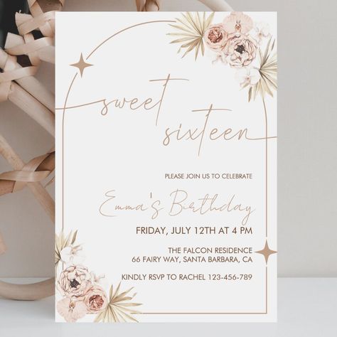 Sweet 16 Boho Party Ideas, Sweet Sixteen Invitation Ideas, Boho Sweet 16 Ideas, Sweet 16 Invitation Ideas, 16 Birthday Party Invitations, 16 Birthday Invitations, Garden Invitation, Bohemian Autumn, Sweet Sixteen Birthday Invitations