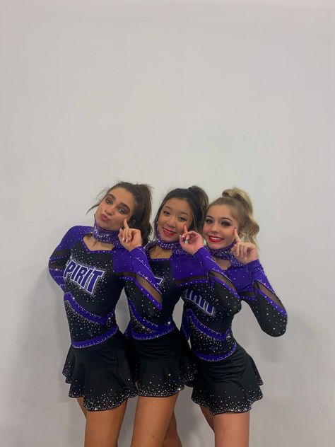 Purple And Gold Cheer Uniforms, All Star Cheer Uniforms Design, Cheerleading Uniforms All Star, Purple Cheer Uniform, Cheerleading Uniforms High School, Cheer Uniforms All Star, Dance Team Clothes, All Star Cheer Uniforms, Cheer Games