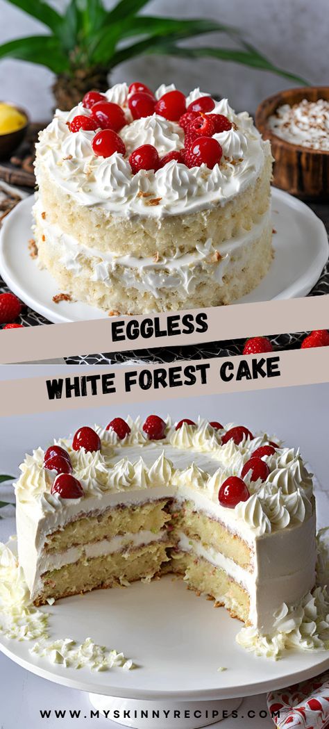 Indulge in the delightful flavors of this Eggless White Forest Cake! Layers of moist white cake, luscious whipped cream, and sweet cherries make this dessert perfect for any occasion. #WhiteForestCake #EgglessCake #Baking #Dessert 🍰✨ White Forest Cake Recipe, White Sponge Cake, White Forest Cake, Moist White Cake, Cakes Easy, White Chocolate Shavings, Christmas Cakes Easy, Butterscotch Cake, White Chocolate Cake