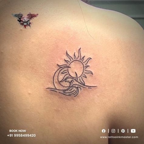 Sun Woman Tattoo, Colour Sun Tattoo, Colorful Sun Tattoos For Women, Moon Sun Ocean Tattoo, Sun Moon Star Wave Tattoo, Indie Tattoo, Deep Tattoo, Wave Tattoo Design, Ma Tattoo