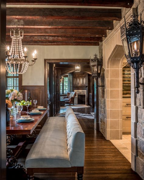 View through dining room to study and butler's pantry by Period Architecture Kitchen Paneling, Harrison Dollhouse, Limestone Fireplace Surround, Tudor Homes, Period Architecture, Historic Interiors, Arched Doorway, Tudor Cottage, Barn Kitchen