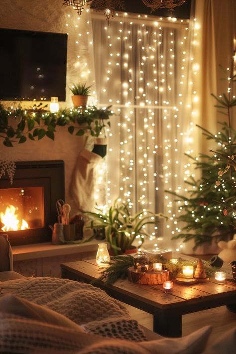 Cozy Winter Apartment Aesthetic, Christmas Decorations Studio Apartment, Cozy Day At Home Aesthetic, Townhome Christmas Decor, Fall Christmas Decor, Small Condo Christmas Decor, Indoor Fairy Lights Living Room, Diy Cozy Christmas Decor, Christmas Tree In Small Space