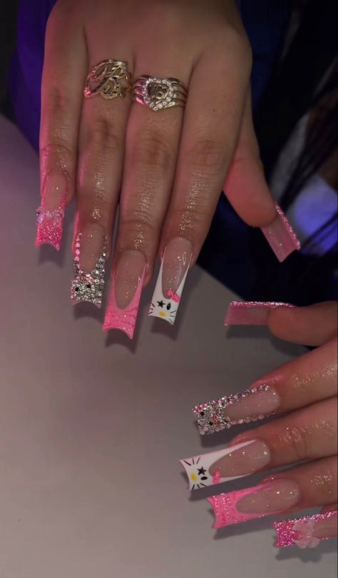 Nail Designs Hello Kitty, Long Extra Nails, Bad And Boujee Nails Long, Long Nails Acrylic, Freestyle Nail Designs, 2000s Nails Acrylic Y2k, Nail Tech Name Ideas, Taurus Nails Designs, Baddie Nails Instagram