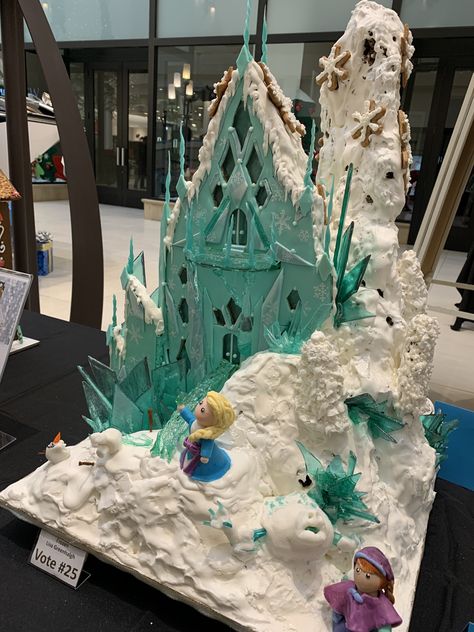 Gingerbread House Frozen Theme, Frozen Theme Gingerbread House, Frozen Themed Gingerbread House, Frozen Gingerbread House, Castle Gingerbread House, Cookie Houses, Gingerbread Contest, Elsa Castle, Gingerbread House Ideas